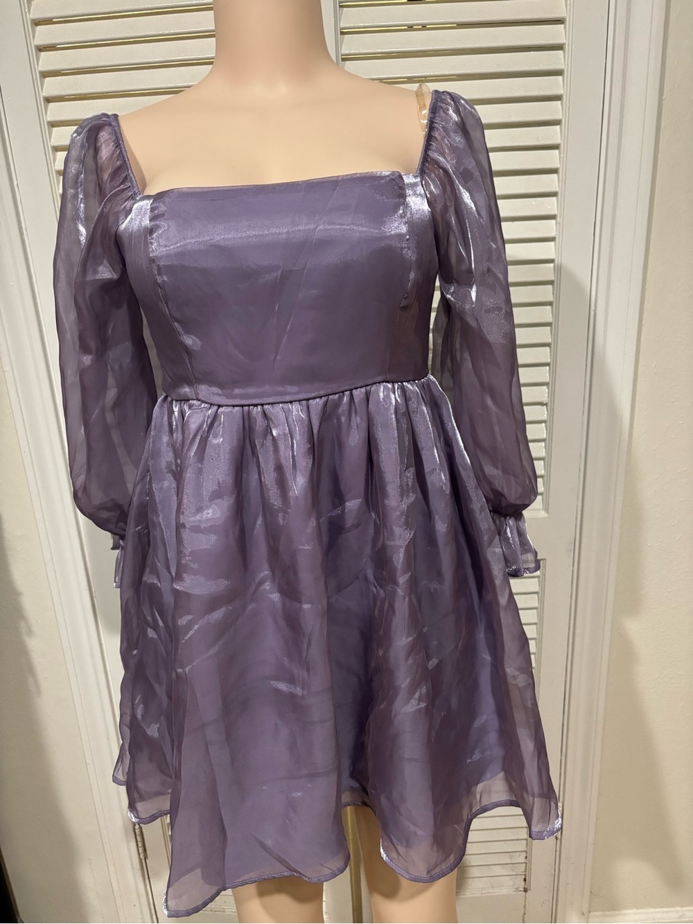 Lilac Sheer Organza Square-Neck Mini Dress